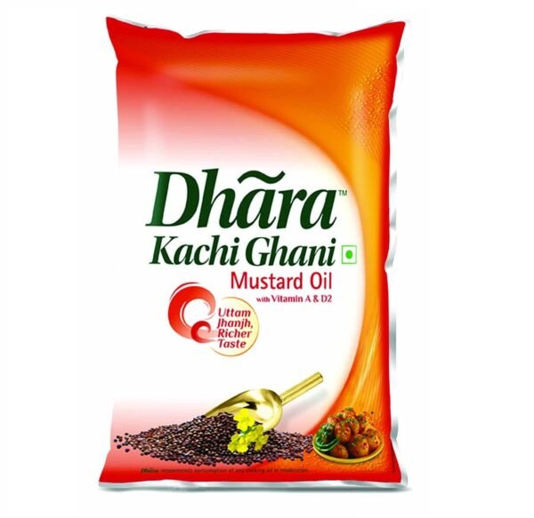 Dhara Kachi Ghani Mustard Oil (0% Trans Fat), 1 L Pouch