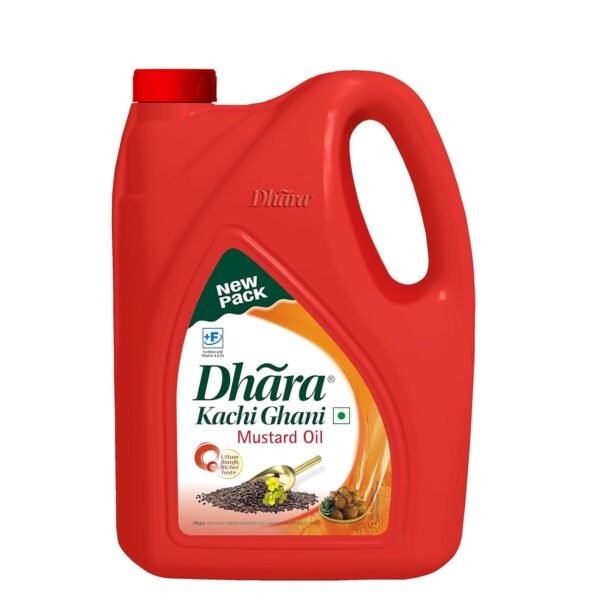 Dhara Kachi Ghani Mustard Oil (0% Trans Fat), 5 L Jar/4.5 L Jar (May contain free turmeric powder 50g)