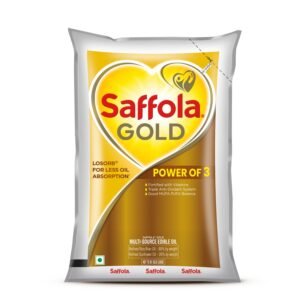 Saffola Gold Refined Cooking oil | Power of 3 - Balance of Good Fats, Triple Anti-Oxidant System & Fortified with Vitamins | Multi-Source Edible Rice Bran & Sunflower Oil | 1 Litre Pouch