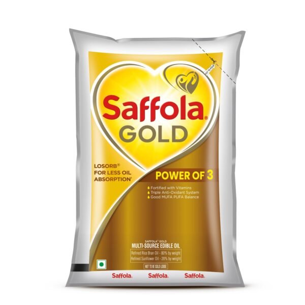 Saffola Gold Refined Cooking oil | Power of 3 - Balance of Good Fats, Triple Anti-Oxidant System & Fortified with Vitamins | Multi-Source Edible Rice Bran & Sunflower Oil | 1 Litre Pouch